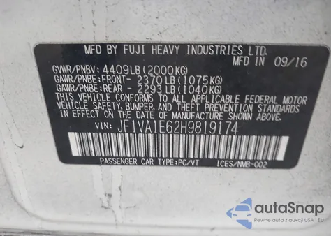 2017 Subaru Wrx Premium z USA, uszkodzony, nr VIN JF1VA1E62H9819174